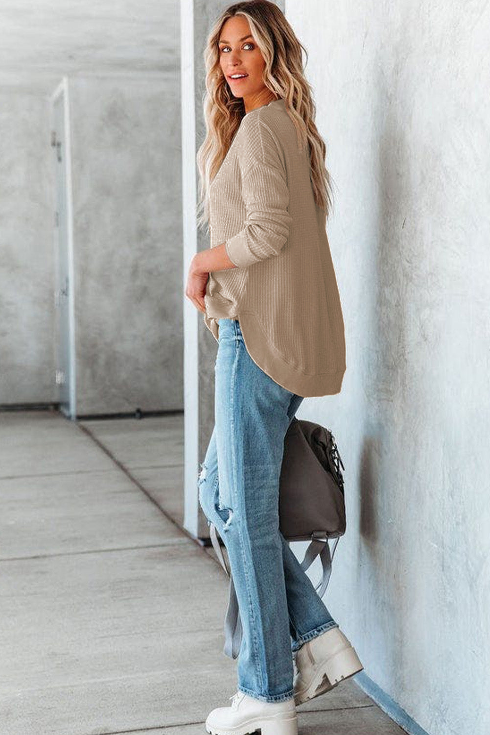 Gray Crew Neck Ribbed Trim Waffle Knit Top