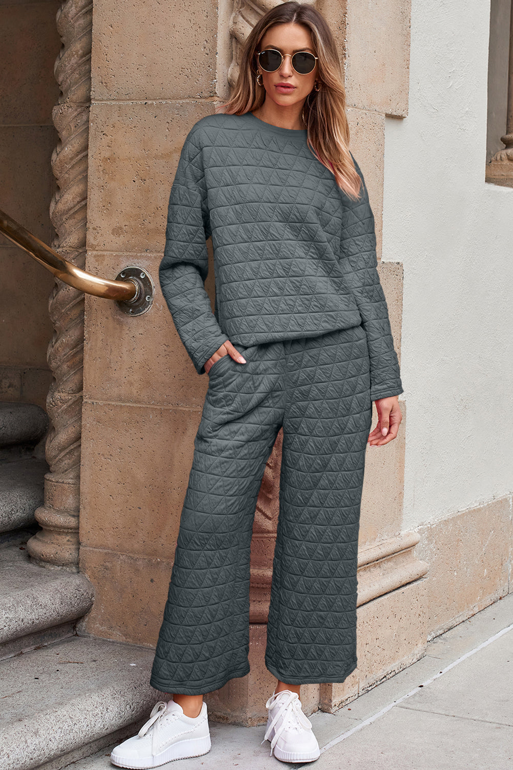 Pink Solid Quilted Pullover and Pants Outfit