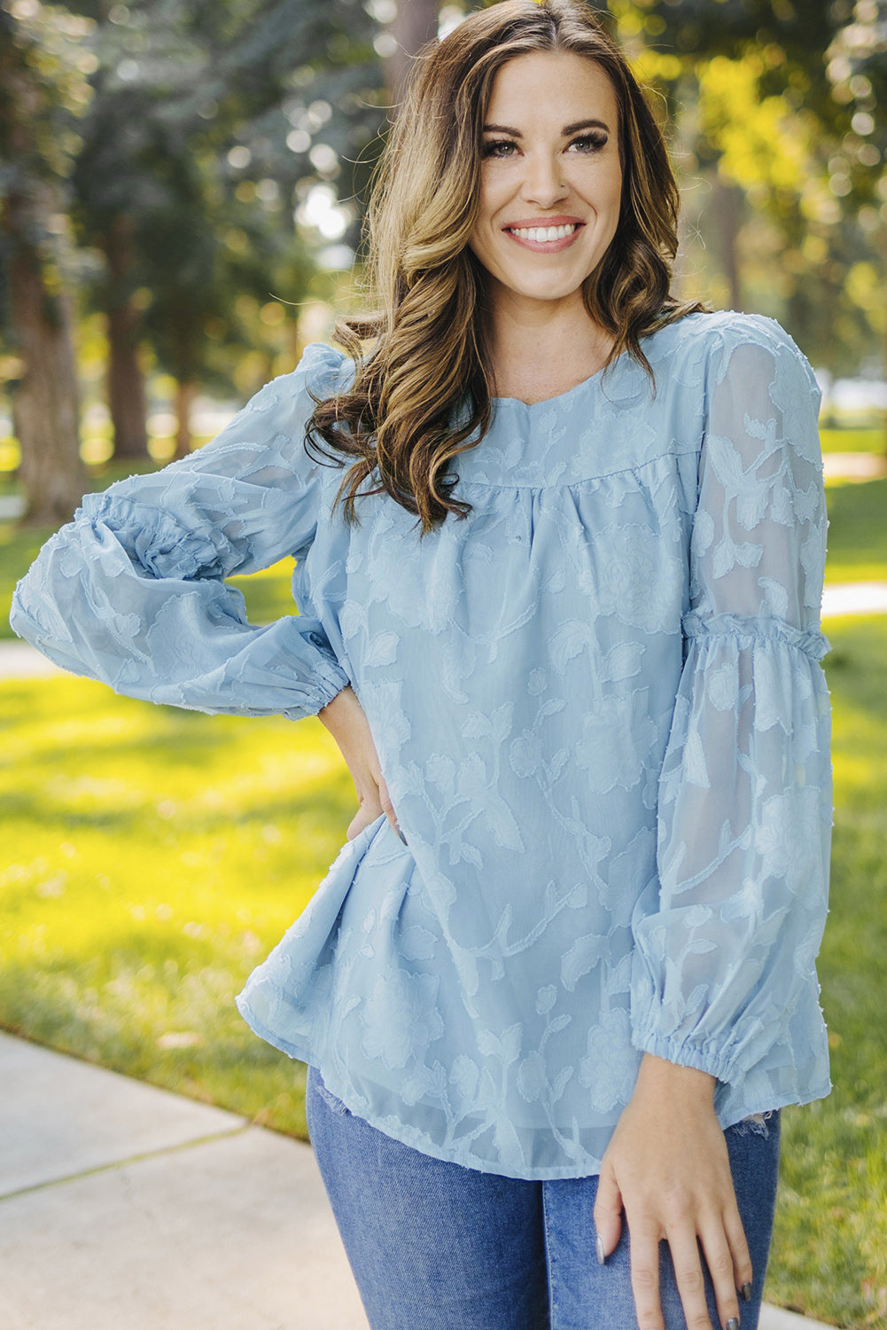 Blue Textured Ruffle Lantern Sleeve Babydoll Blouse