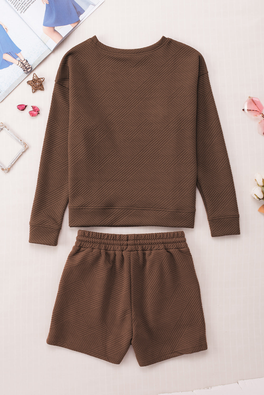 Black Textured Long Sleeve Top and Drawstring Shorts Set