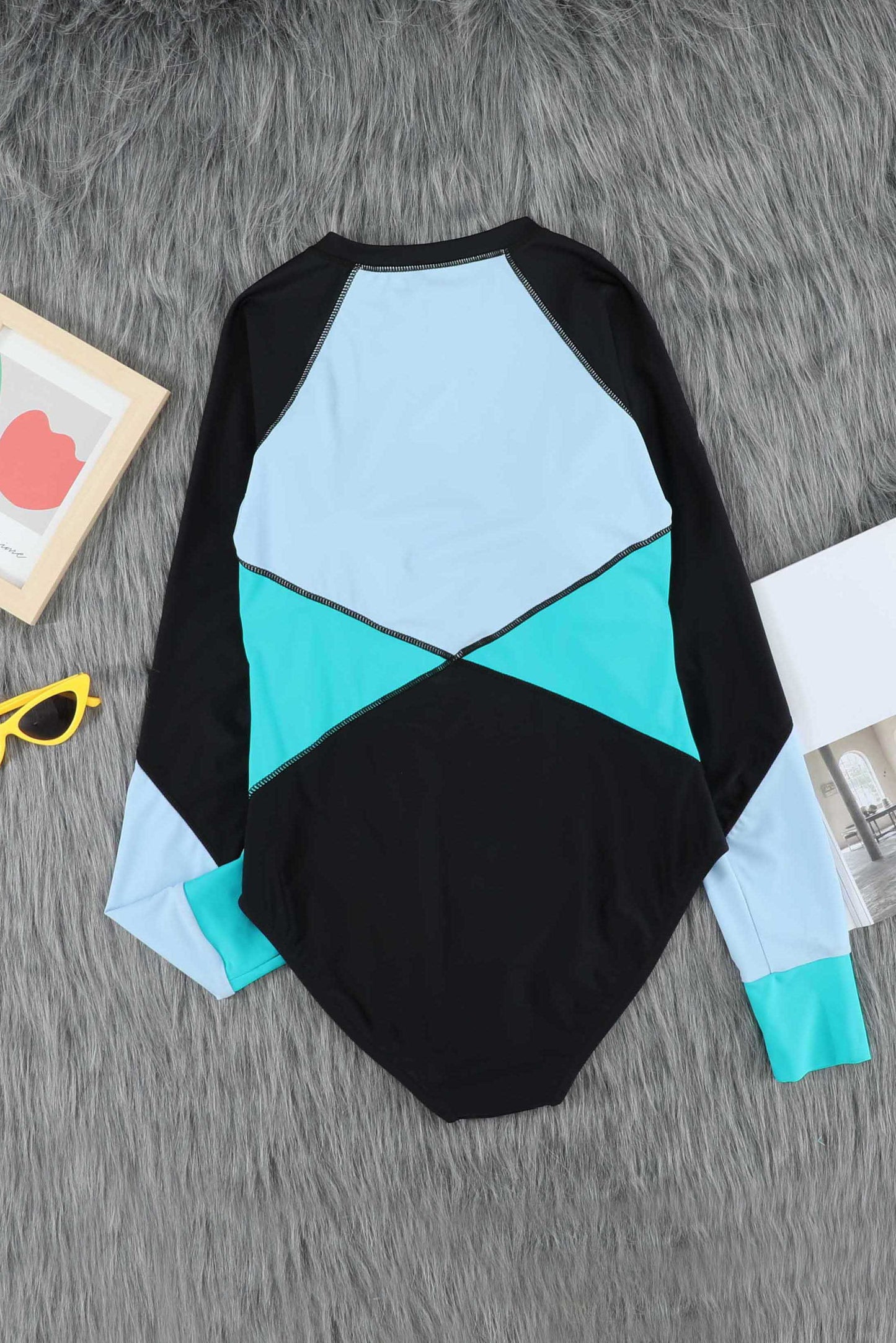Green Color Block Zipper Long Sleeve Rash Guard Swimwear