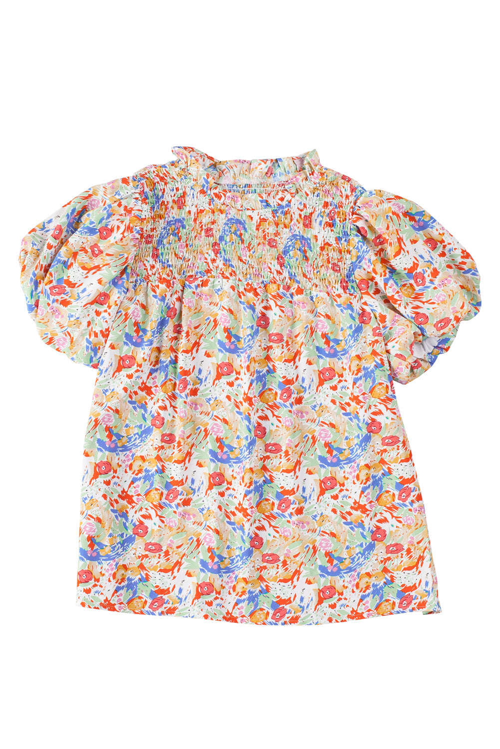 Multicolor Abstract Print Smocked Puff Sleeves Blouse