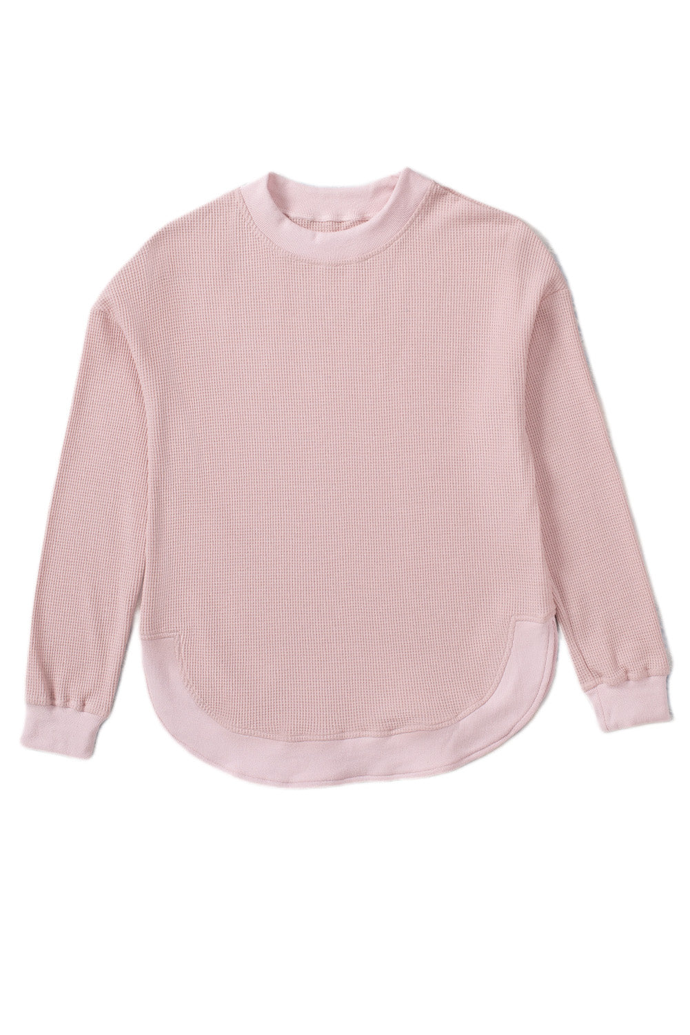 Gray Crew Neck Ribbed Trim Waffle Knit Top