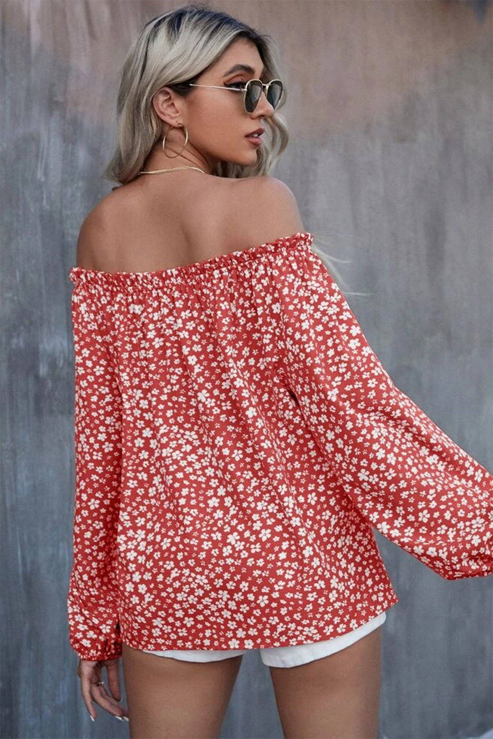Fiery Red Floral Print Frill Trim Off-shoulder Lantern Sleeve Blouse