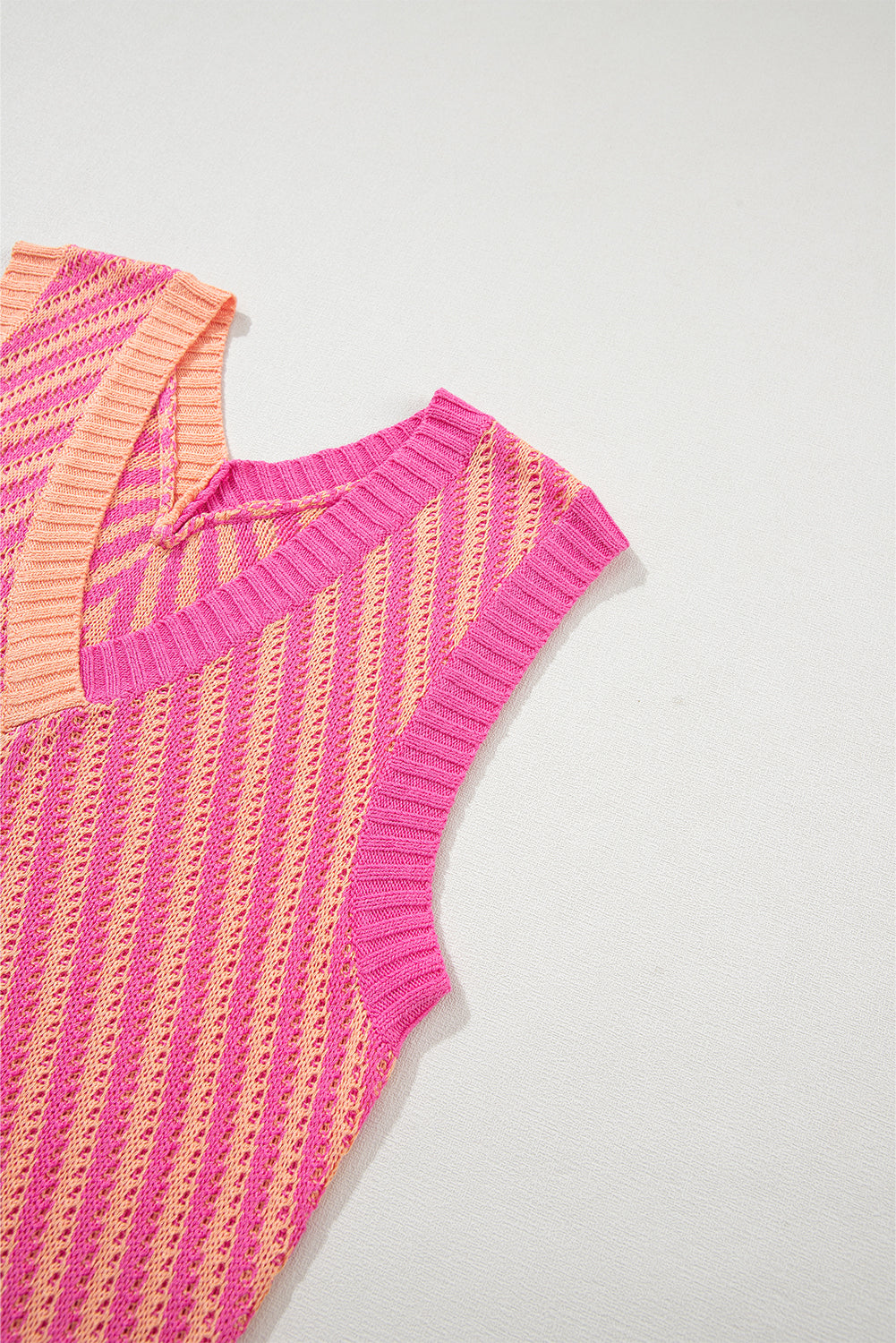 Light French Beige Contrast Chevron Knit V Neck Sweater Vest