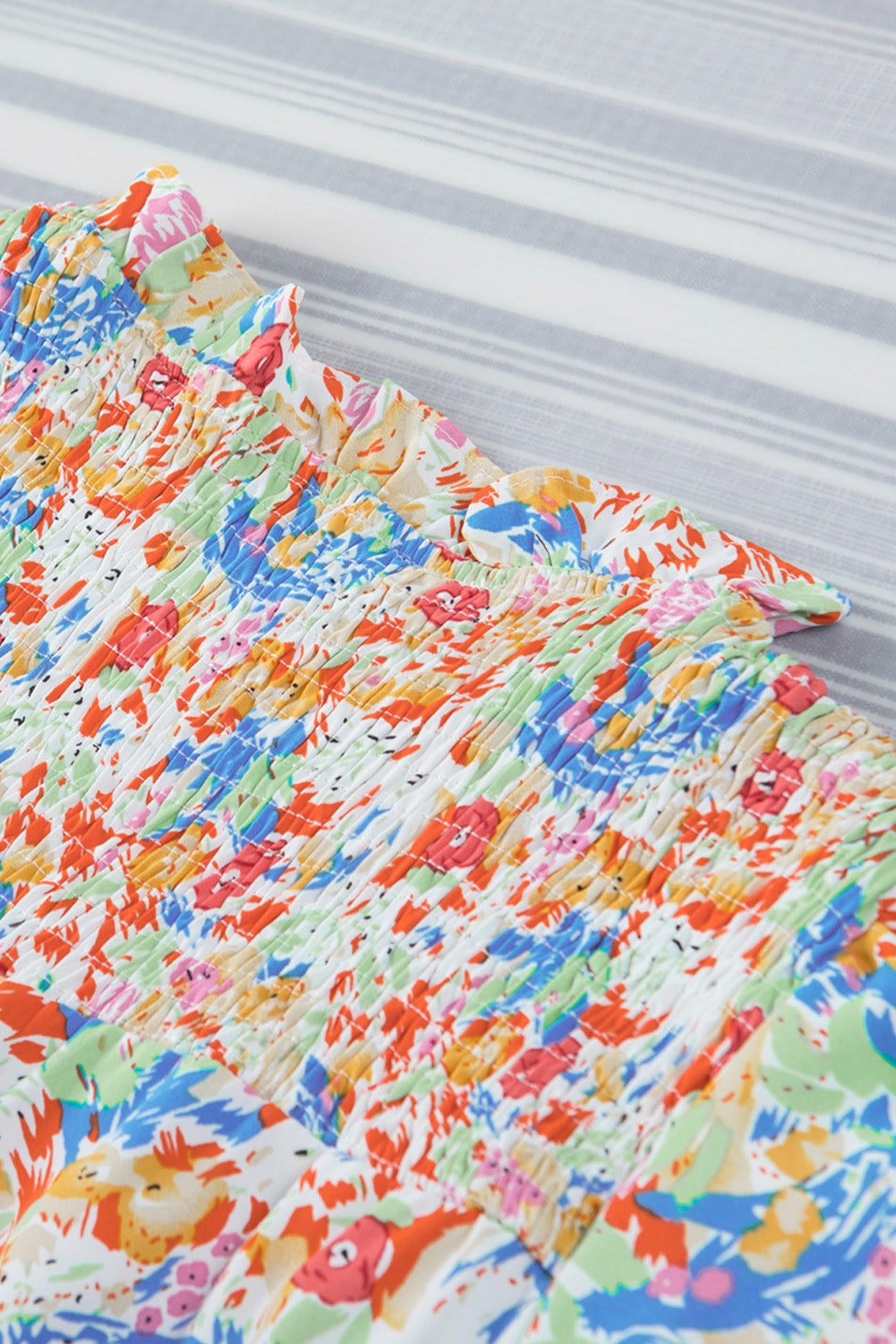 Multicolor Abstract Print Smocked Puff Sleeves Blouse