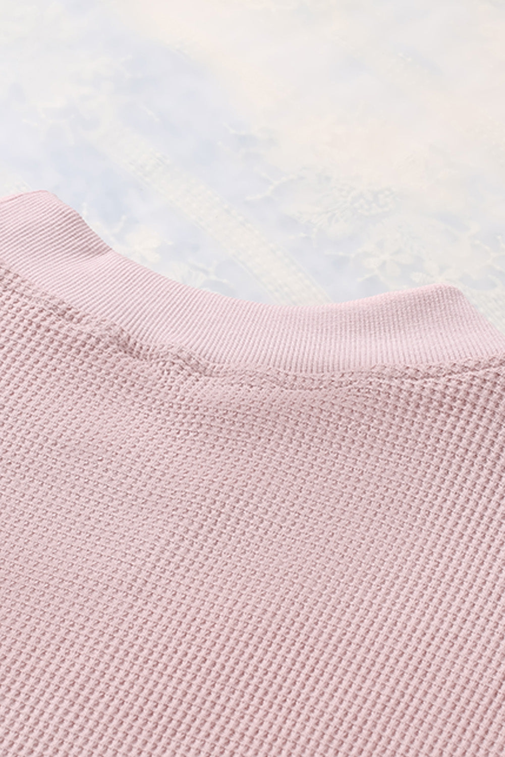 Gray Crew Neck Ribbed Trim Waffle Knit Top