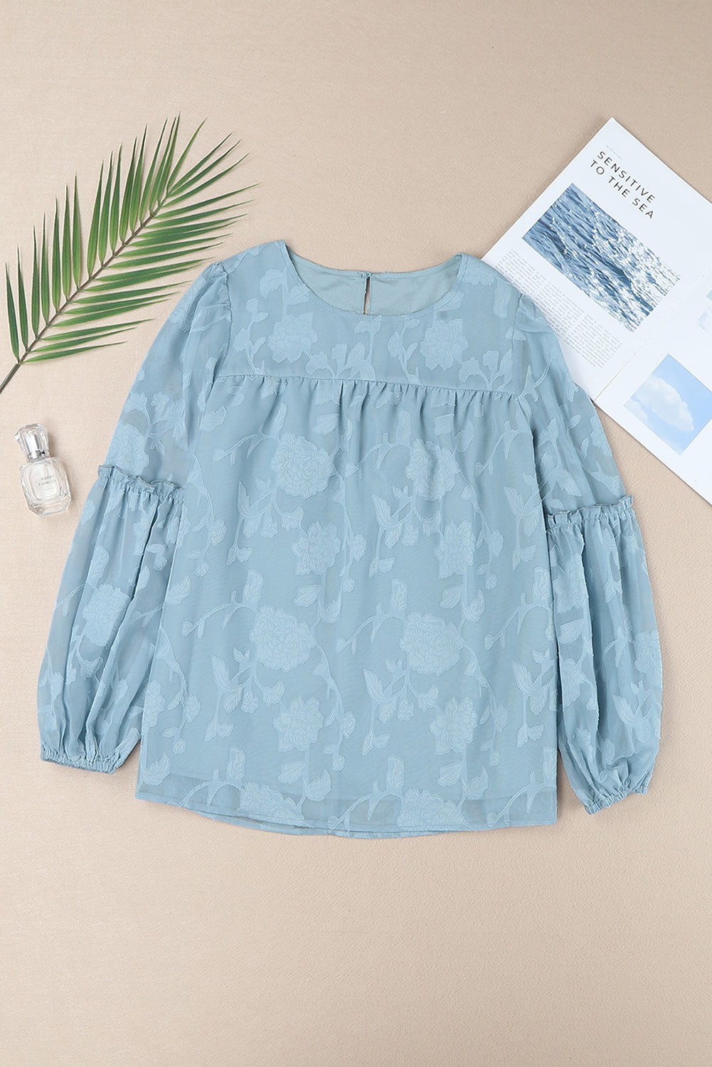 Blue Textured Ruffle Lantern Sleeve Babydoll Blouse