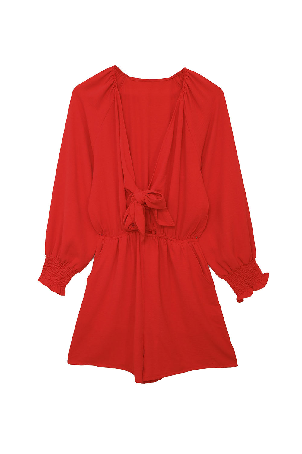 Navy Tie Knot Puff Long Sleeve Romper
