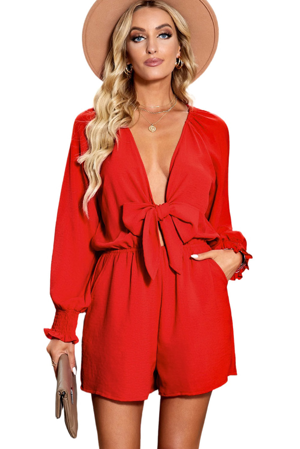Navy Tie Knot Puff Long Sleeve Romper