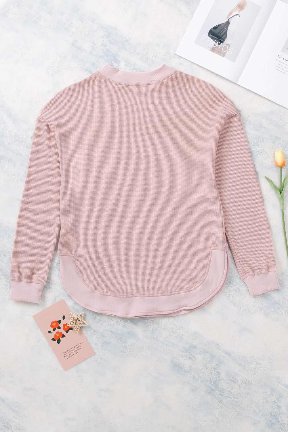Gray Crew Neck Ribbed Trim Waffle Knit Top