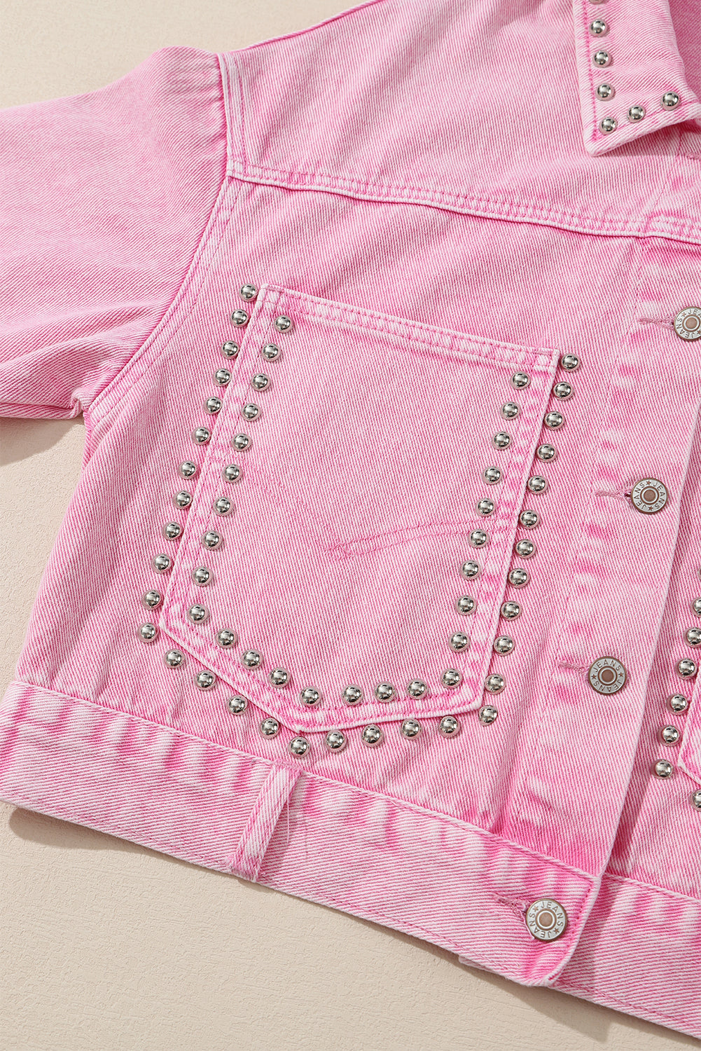 Light French Beige Rivet Studded Pocketed Denim Jacket
