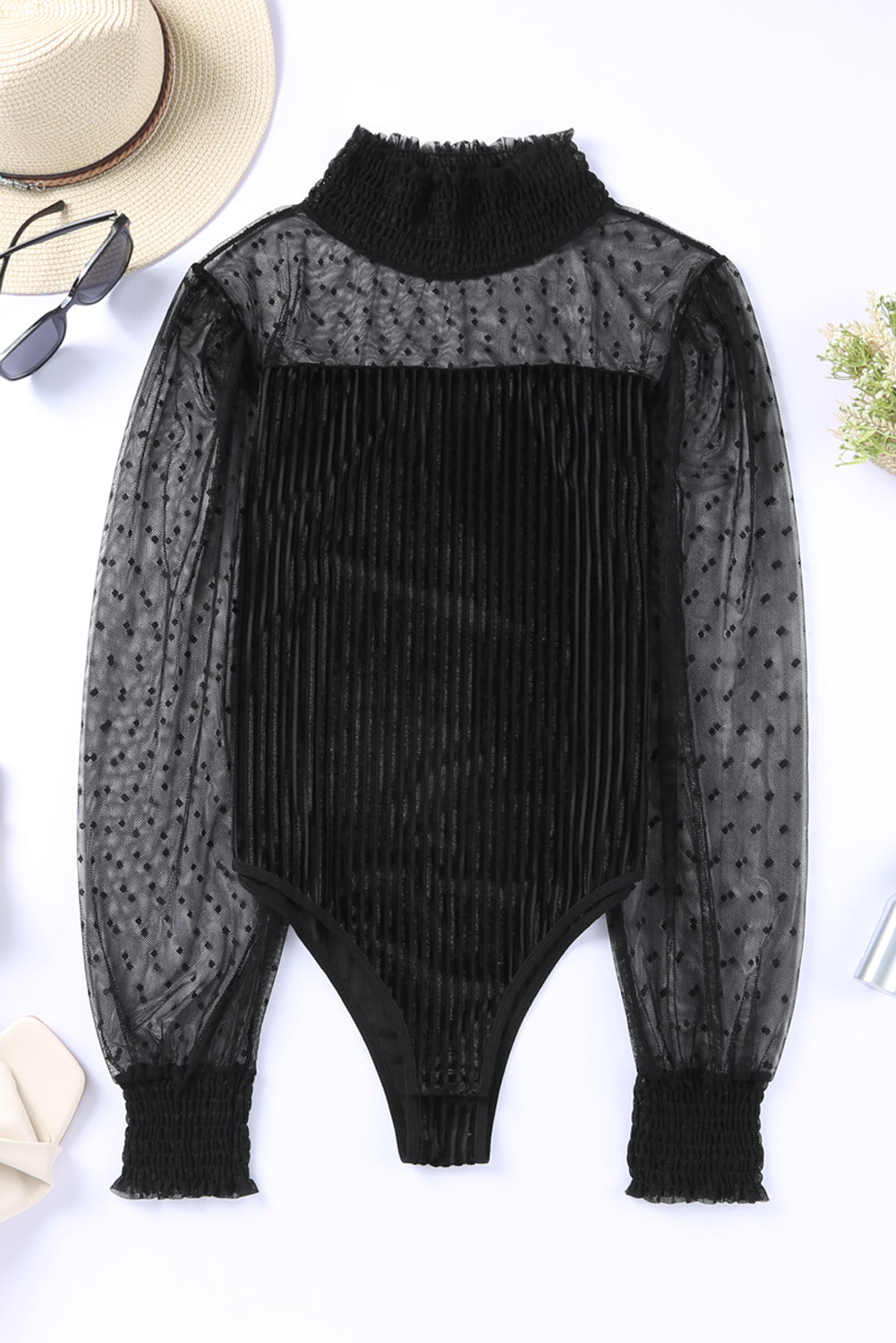 Green Sheer Dotty Long Sleeve Ribbed Velvet Bodysuit