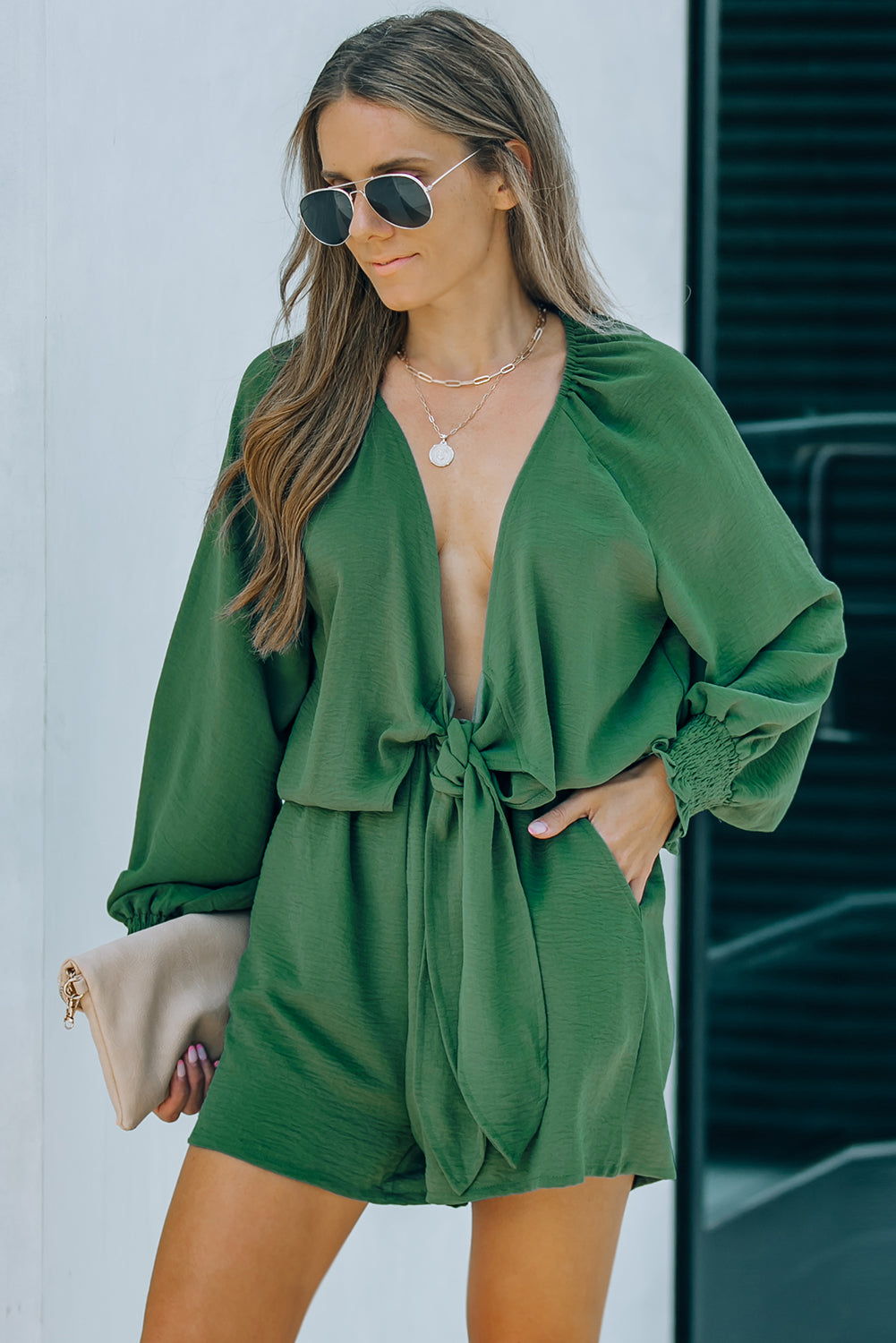 Navy Tie Knot Puff Long Sleeve Romper