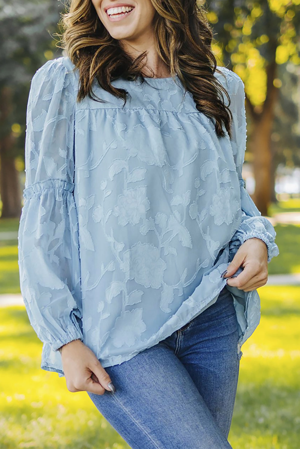 Blue Textured Ruffle Lantern Sleeve Babydoll Blouse