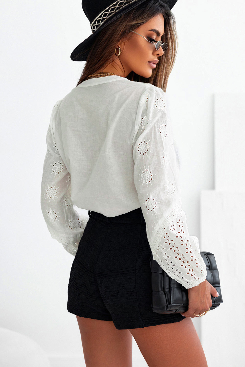 White Eyelet Lace Puff Sleeve Split Neck Blouse