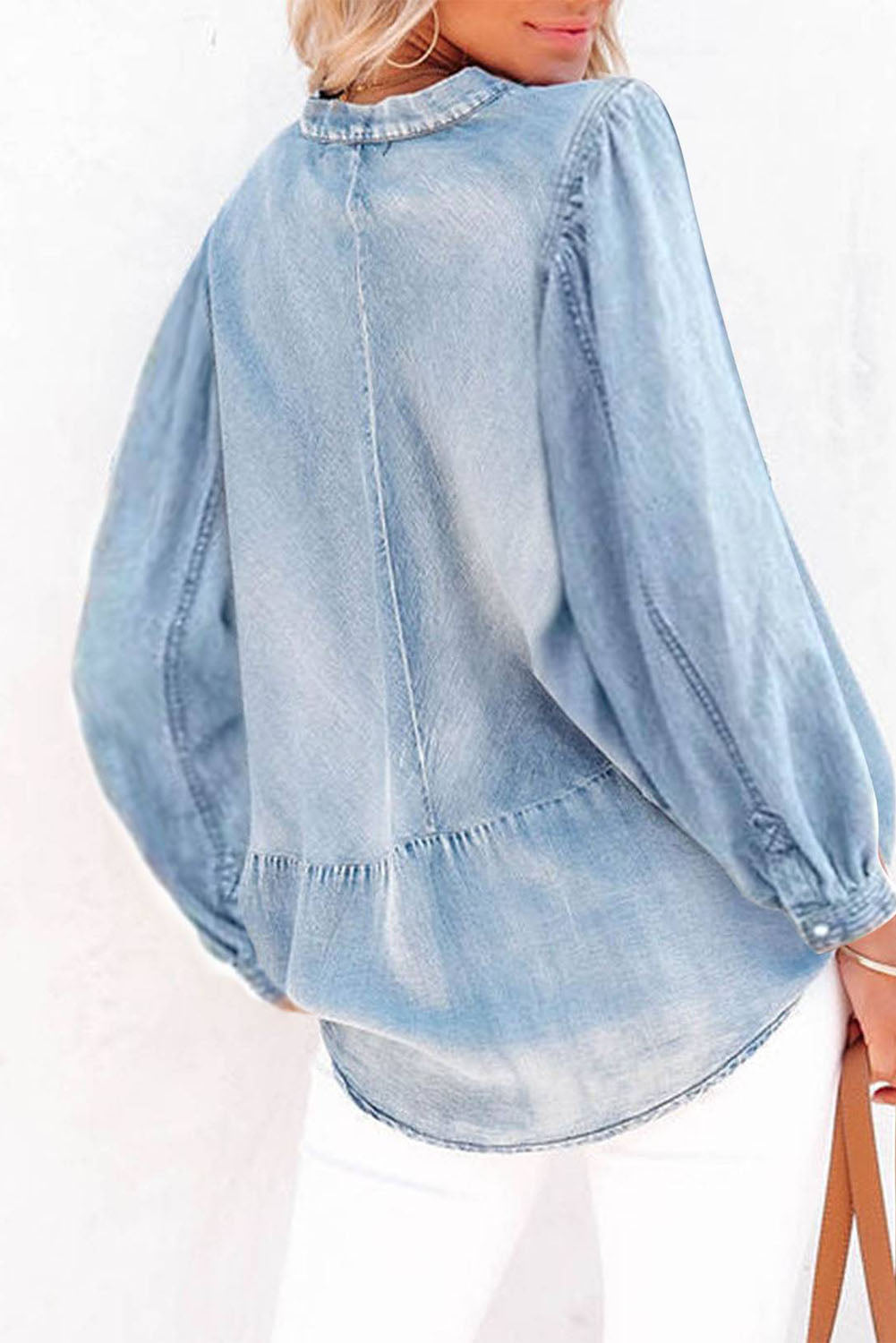 Black Split V-Neck Balloon Sleeve Ruched Denim Top