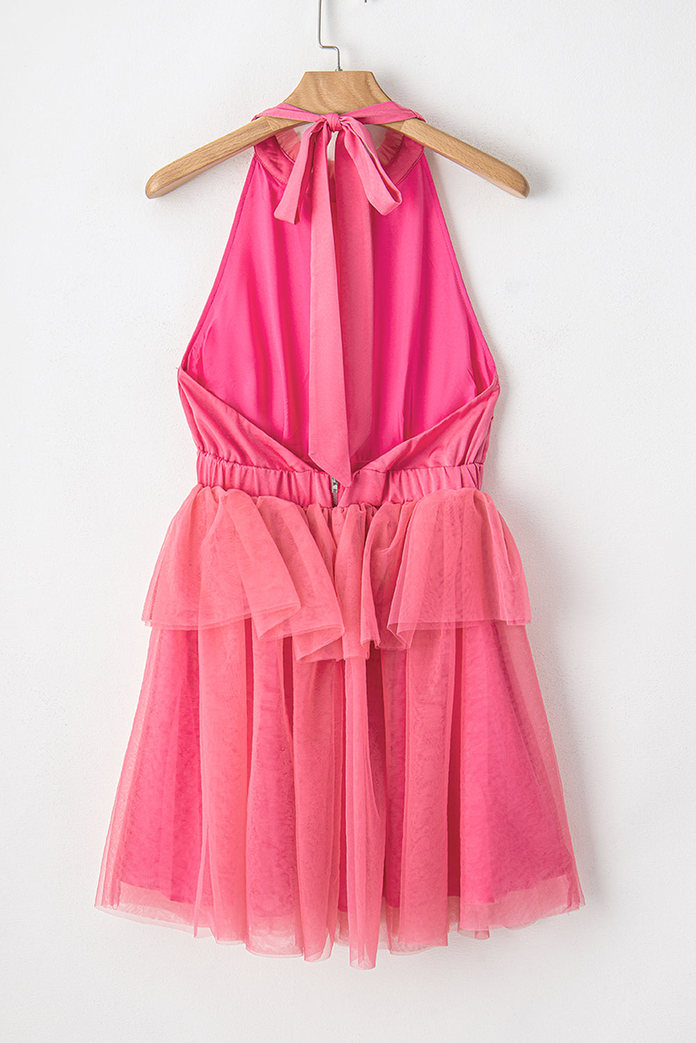 Strawberry Pink Gauze Ruffle Tiered Knotted Halter Dress