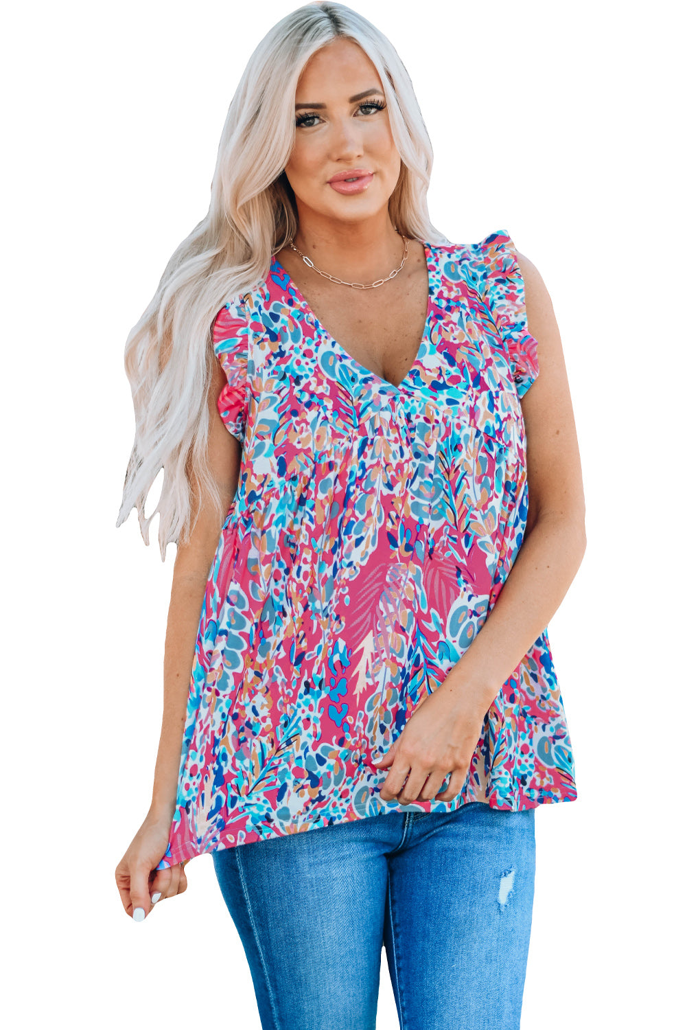 Boho Pattern Print Flounce V Neck Tank Top