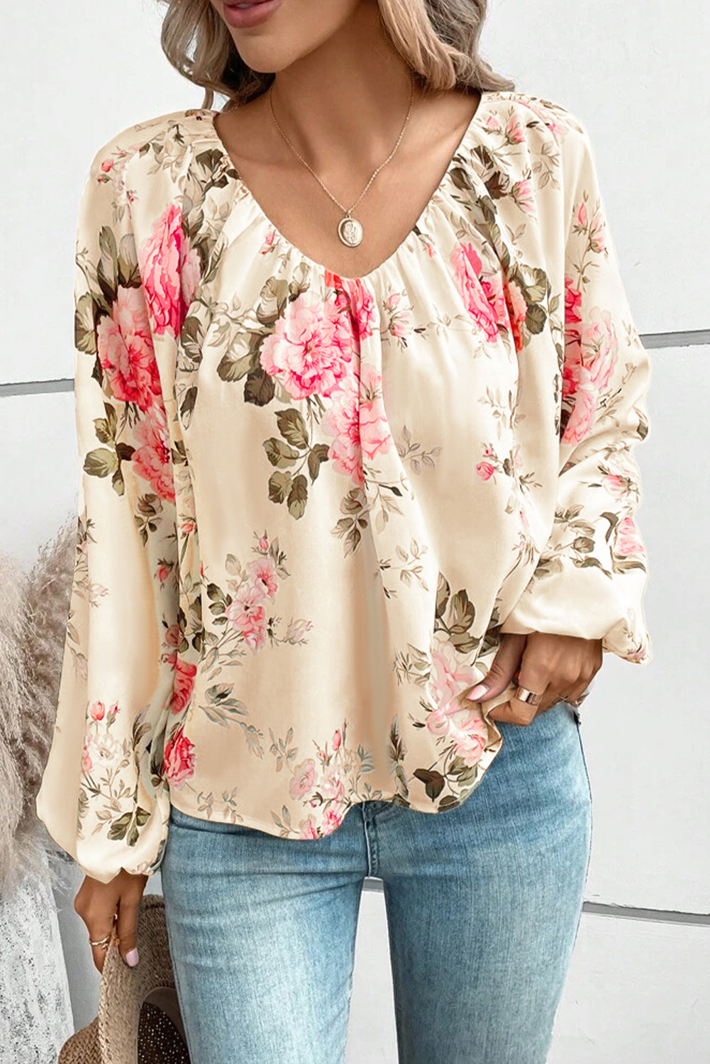 Beige Floral Print Lantern Sleeve V-Neck Blouse