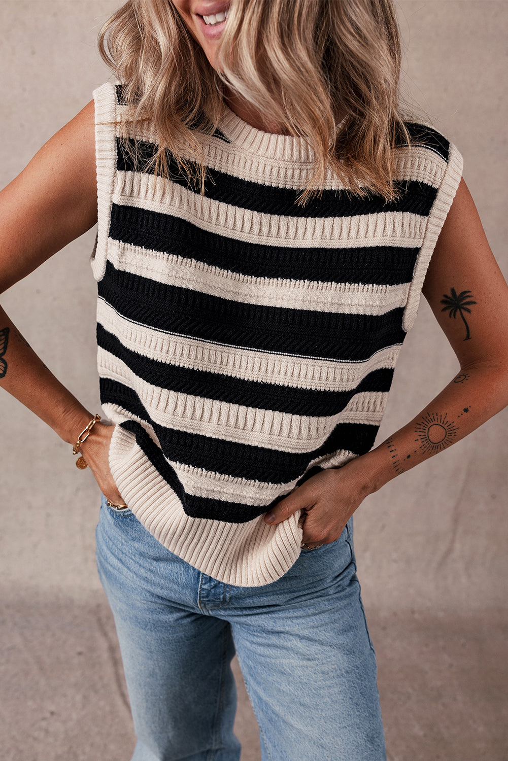 Black Stripe Ribbed Trim Knitted Tank Top