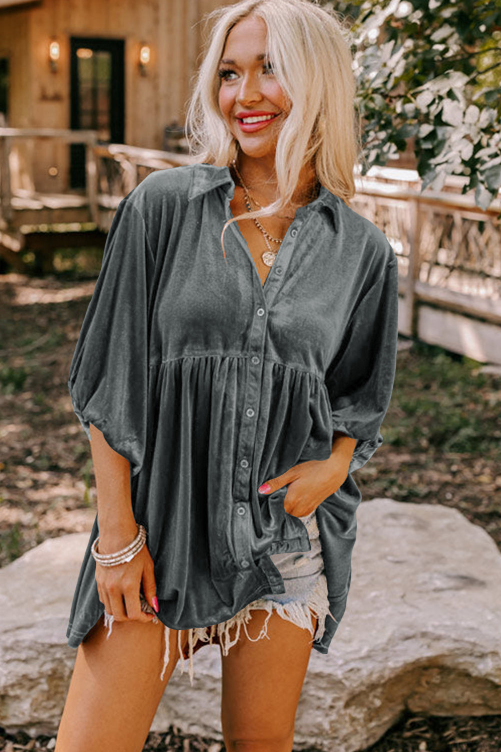 Pitaya Pink 3/4 Sleeve Tunic Babydoll Velvet Shirt