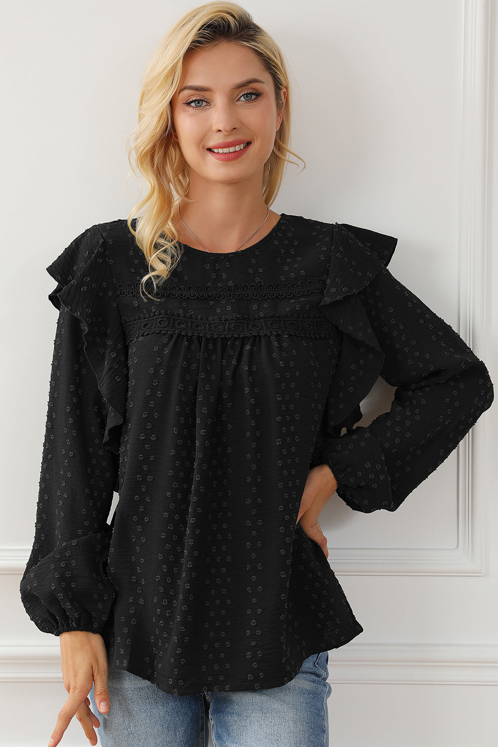 Blackish Green Lace Eyelet Ruffle Shoulder Long Sleeve Blouse