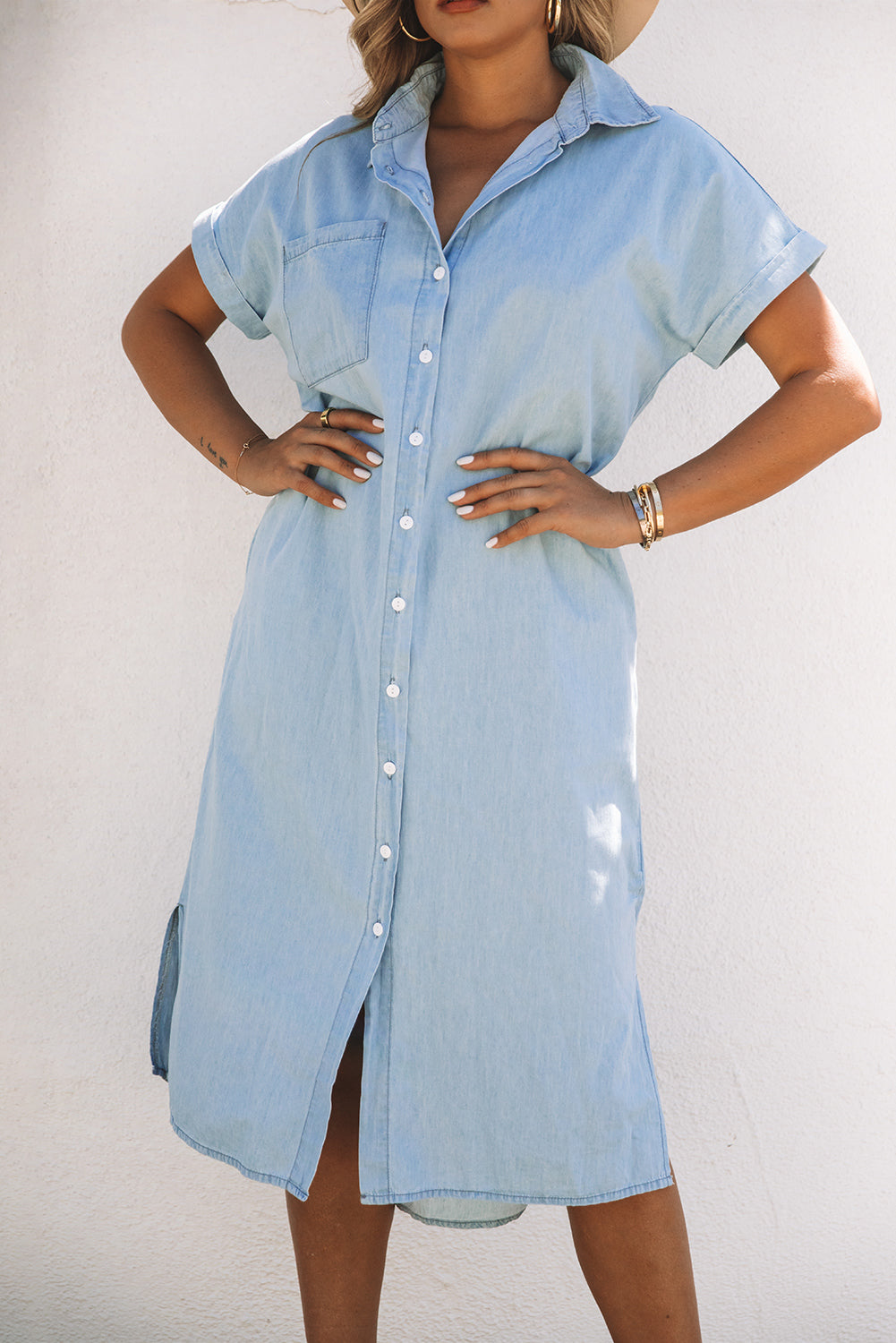 Sky Blue Chambray Shirt Short Sleeves Midi Dress