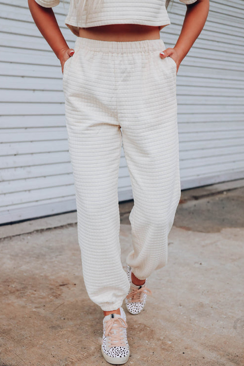 White Lattice Textured Cropped Tee and Jogger Pants Set