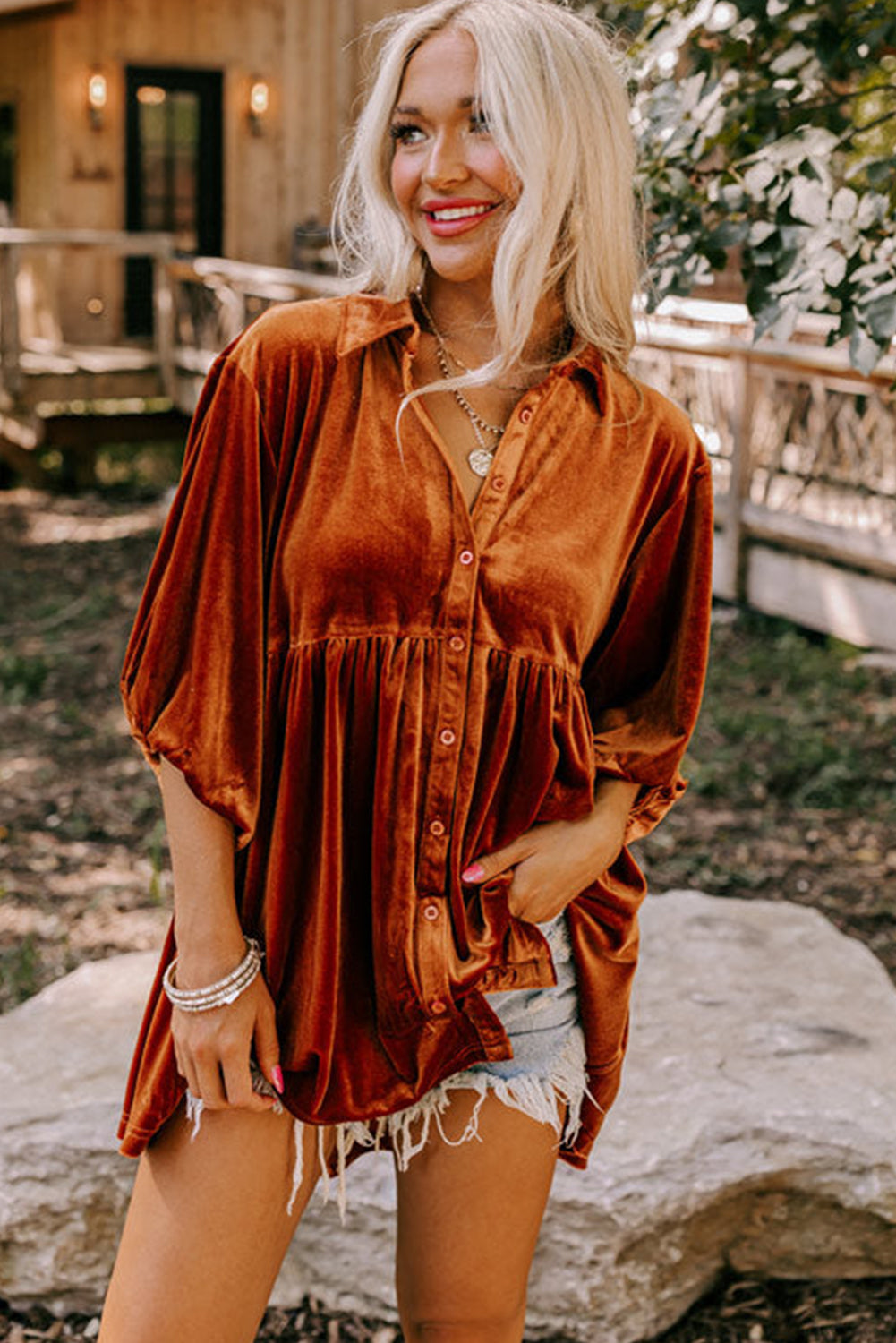 Pitaya Pink 3/4 Sleeve Tunic Babydoll Velvet Shirt