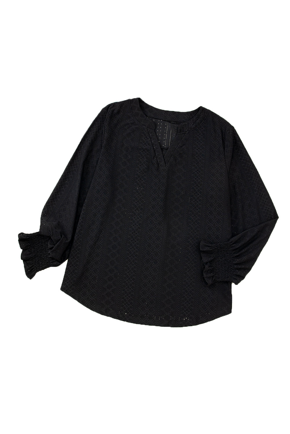 Black Eyelet Jacquard Split Neck Flounce Sleeve Plus Size Blouse