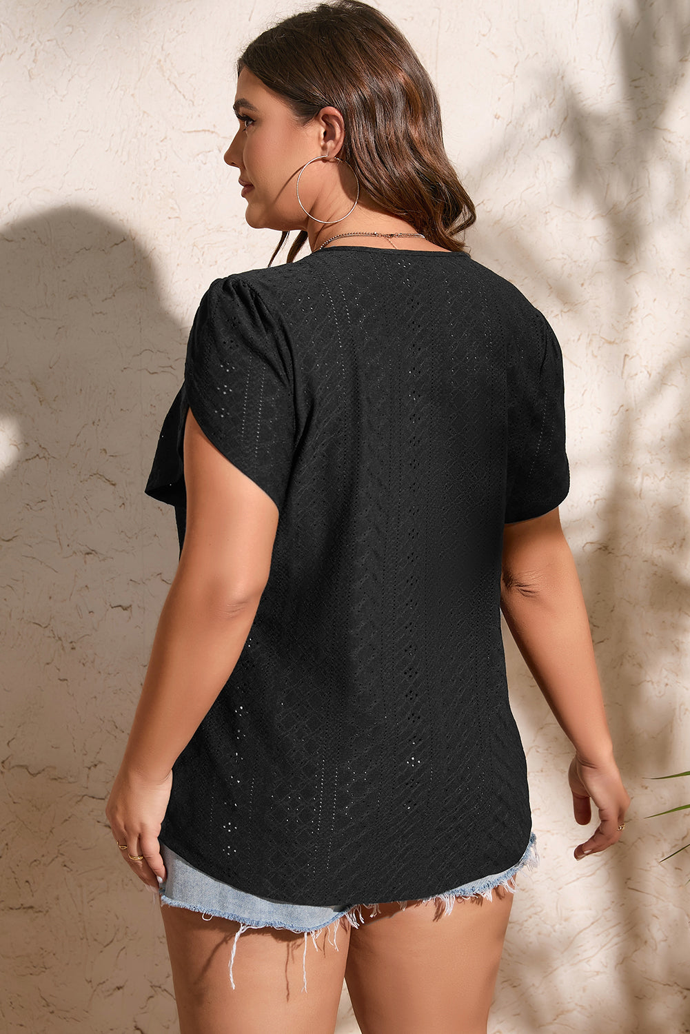 Black Guipure V Neck Plus Size Eyelet Embroidered Top