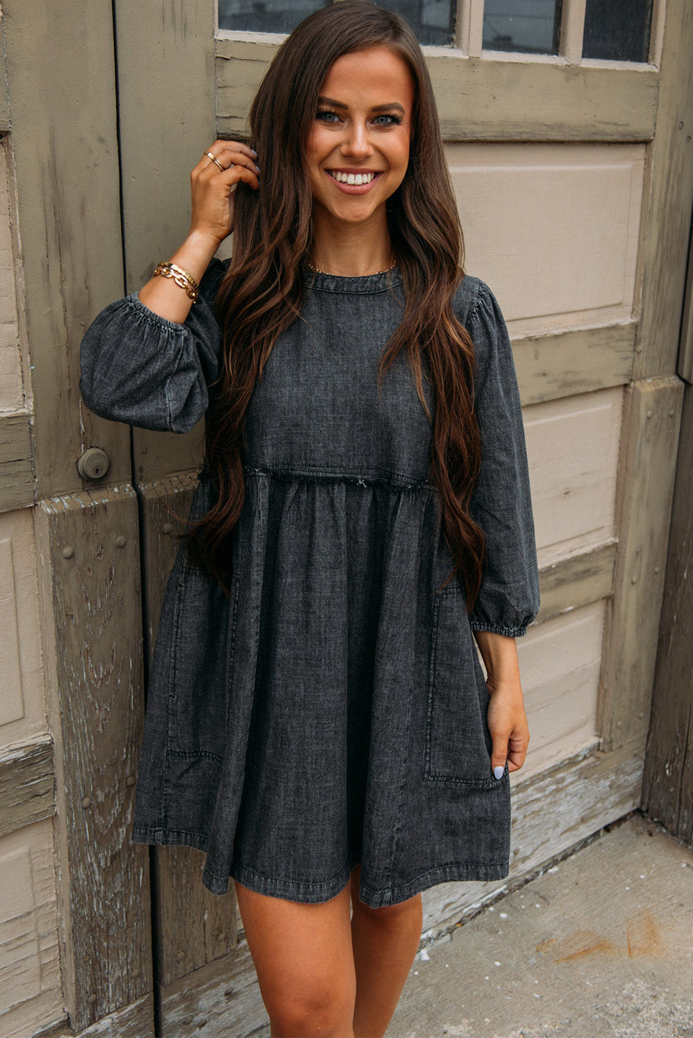 Black Balloon Sleeve High Waist Denim Dress