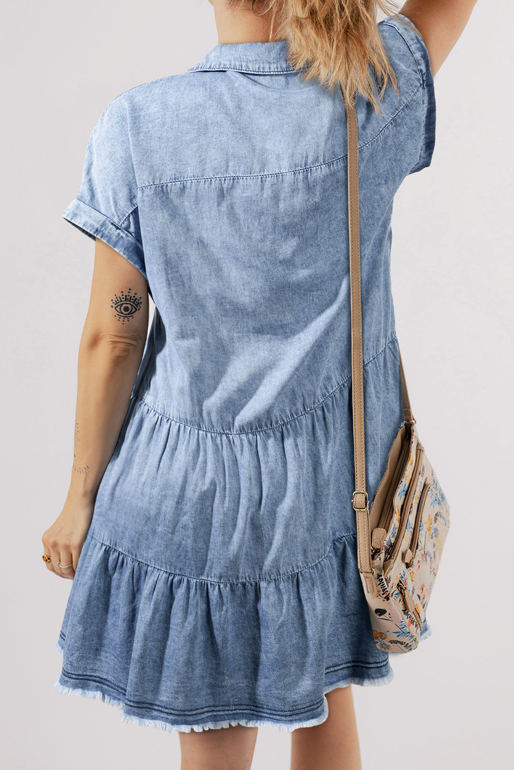 Sky Blue Acid Wash V Neck Tiered Denim Dress