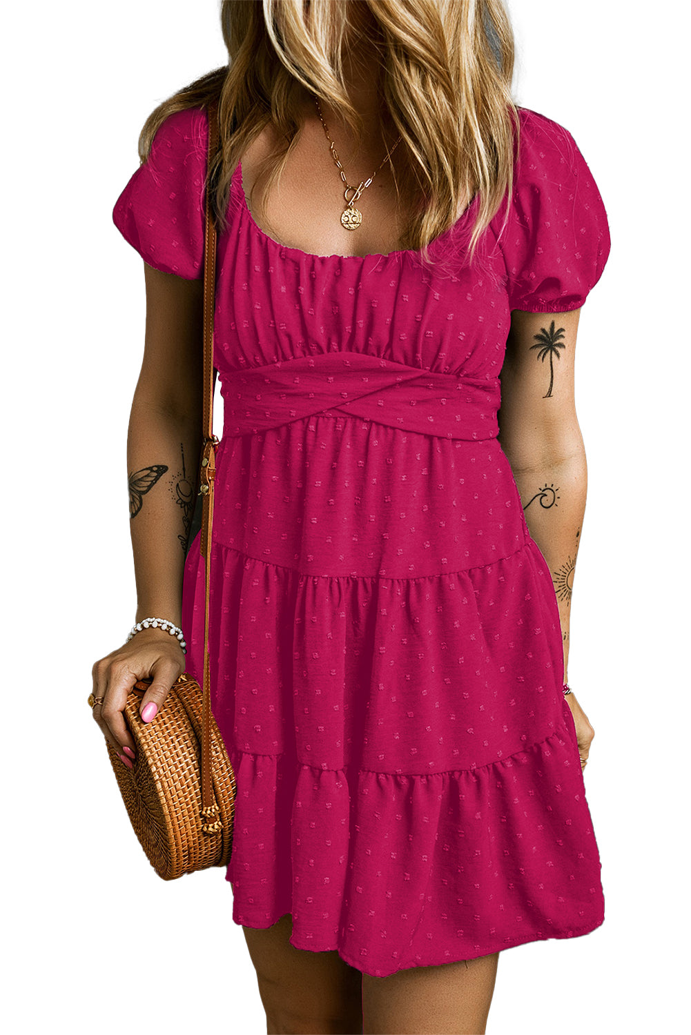 Navy Blue Swiss Dot Jacquard Puff Sleeve Crossover Tied Tiered Dress