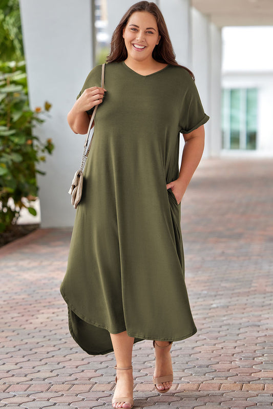 Black Plus Size V Neck Rolled Cuffs Maxi Dress