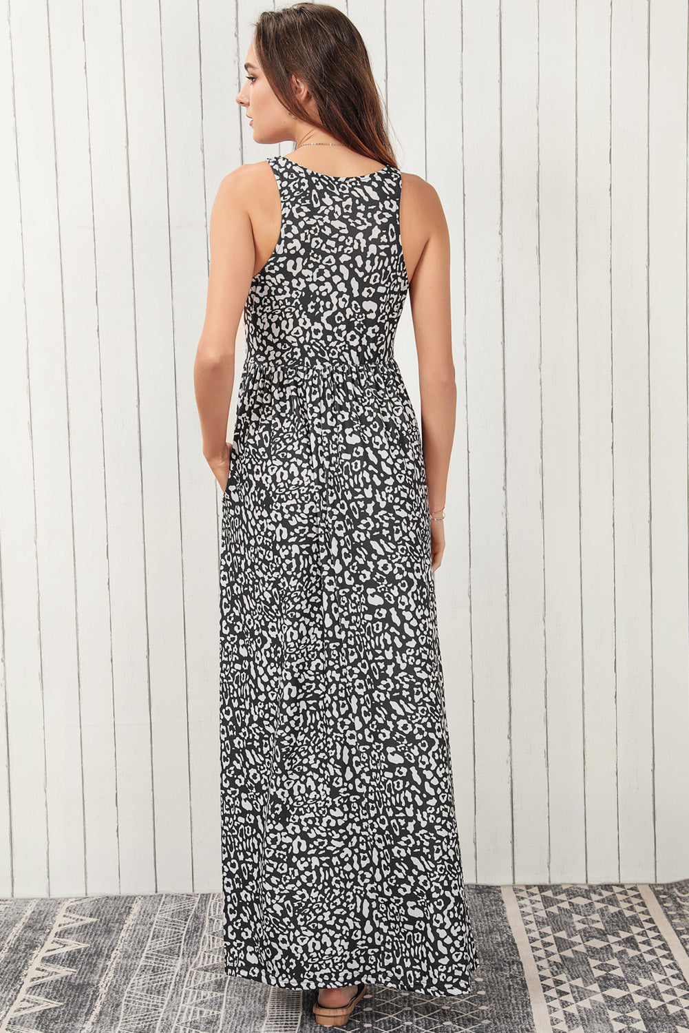 Pink Leopard Print Pocketed Sleeveless Maxi Dress