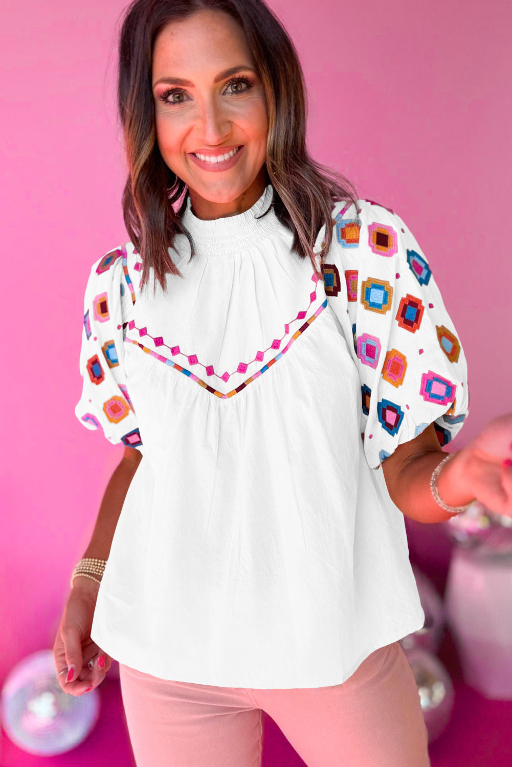 White Embroidered Smocked Neck Puff Sleeve Top