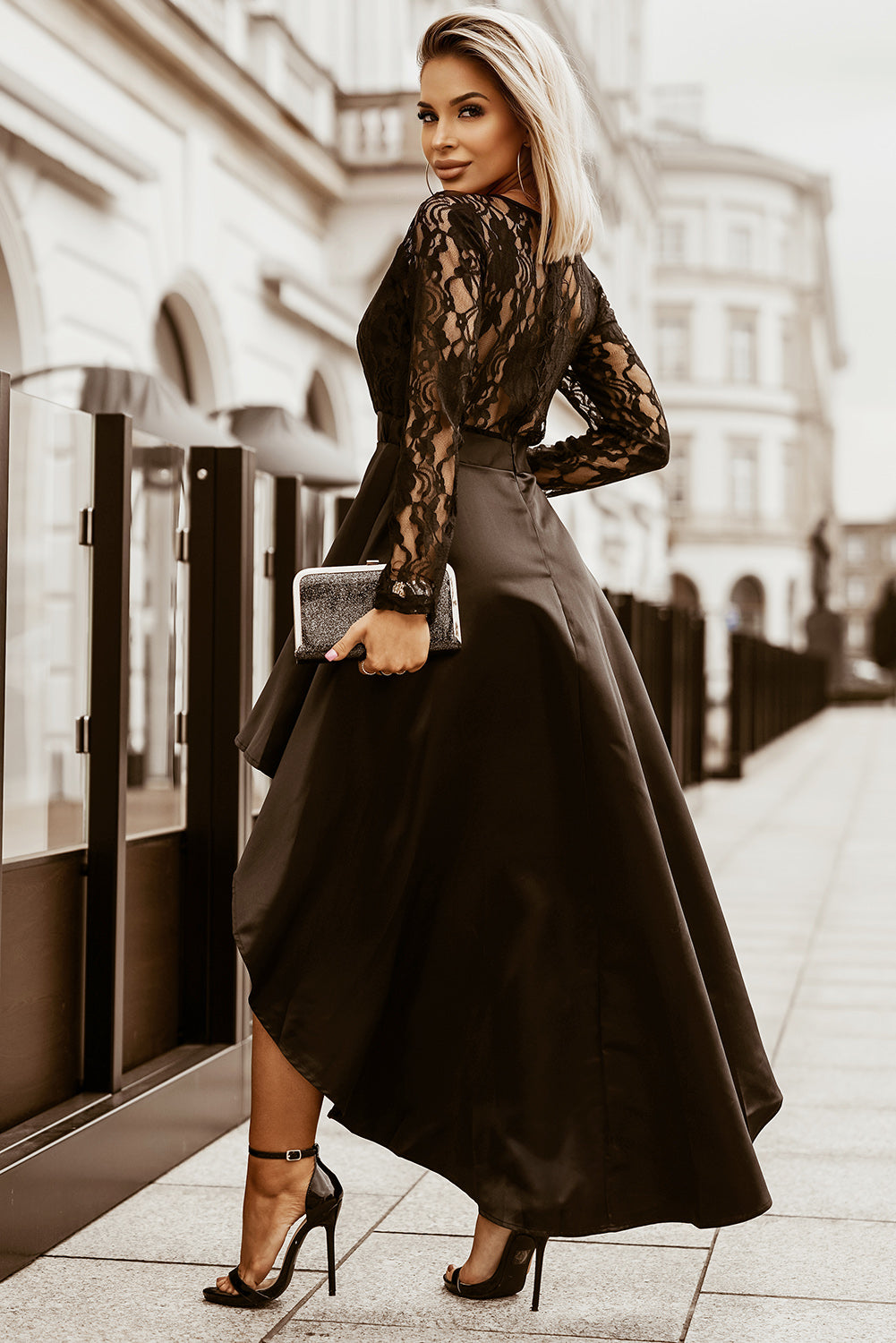 Black Long Sleeve Lace High Low Satin Dress