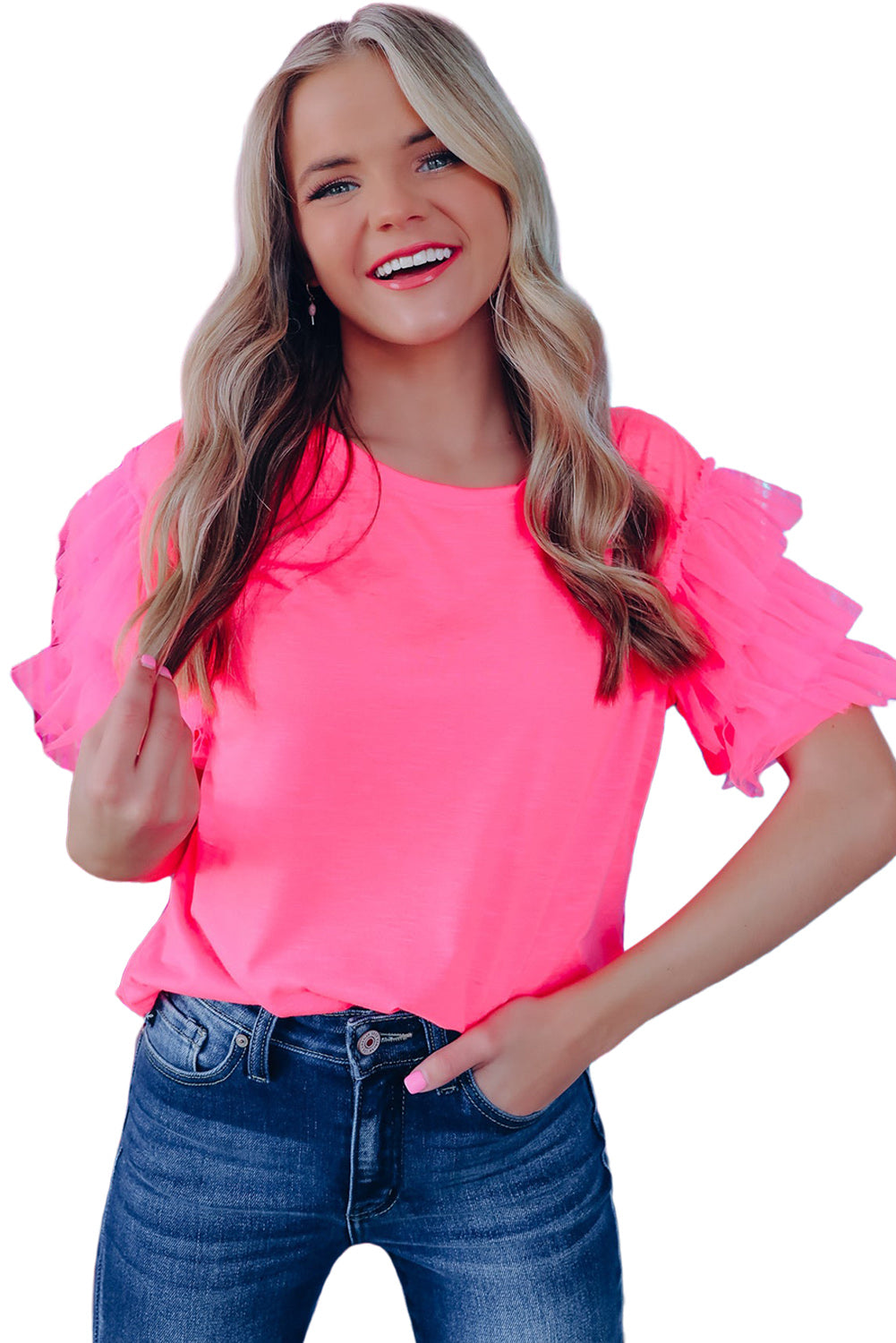 Pink Tulle Ruffle Sleeve Top