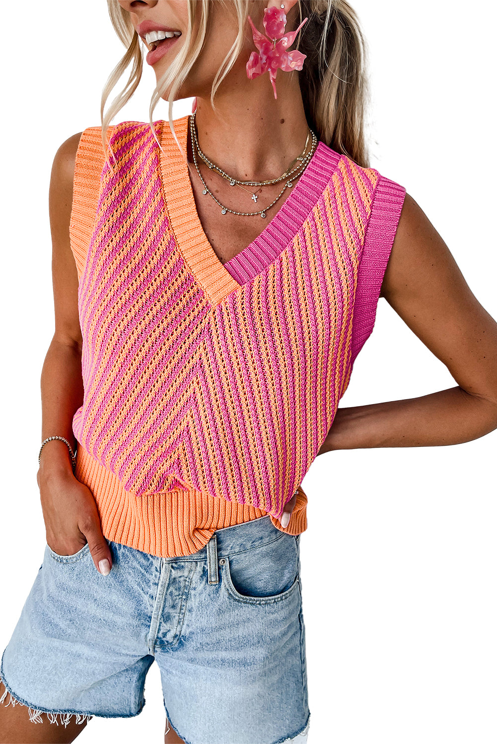 Light French Beige Contrast Chevron Knit V Neck Sweater Vest