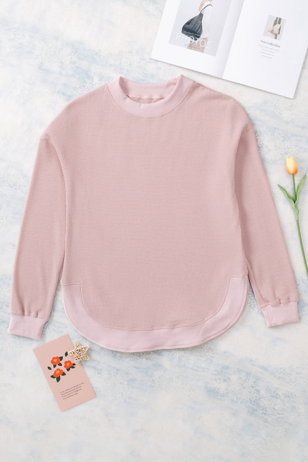 Gray Crew Neck Ribbed Trim Waffle Knit Top