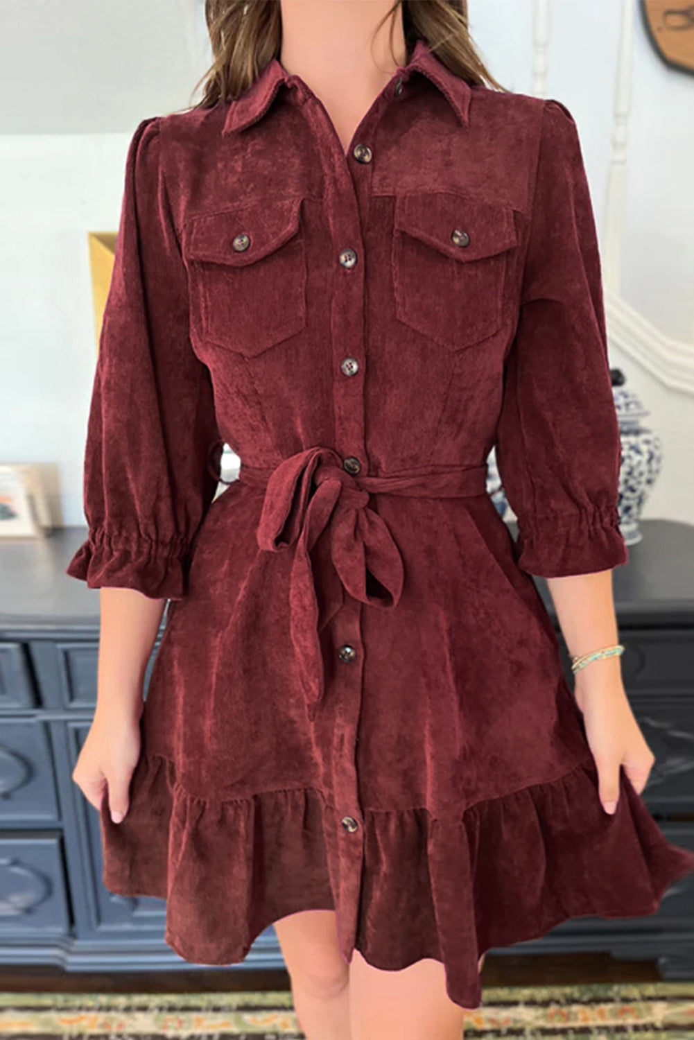 Red Dahlia Collared Buttons Front Ruffled Hem Shirt Corduroy Dress