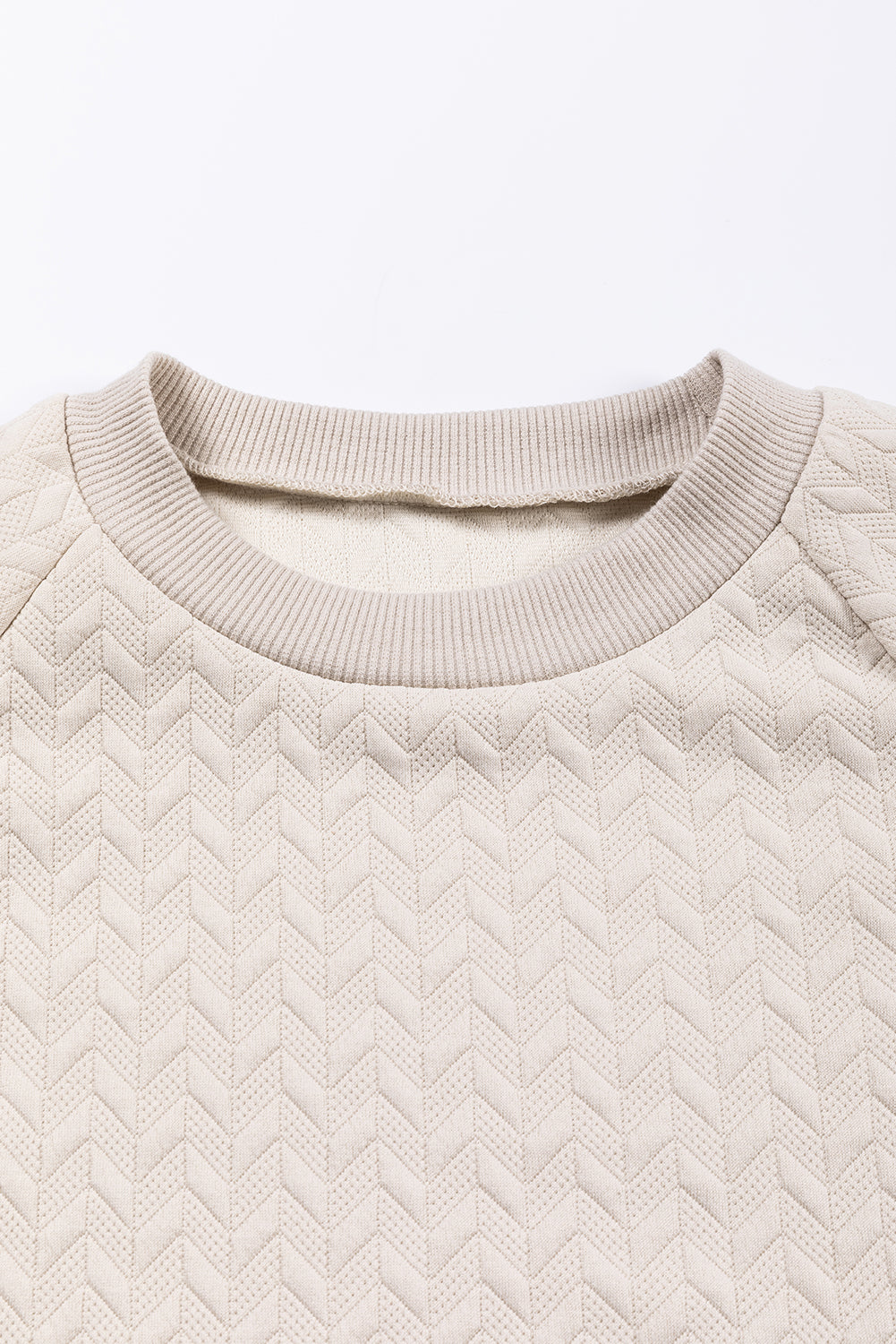 Beige Solid Textured Raglan Sleeve Pullover Sweatshirt