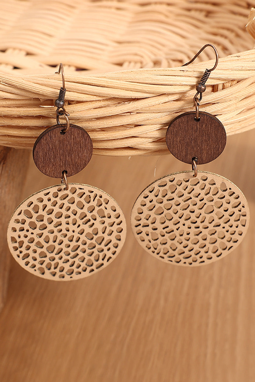 Black Hollow Out Wooden Round Drop Earrings