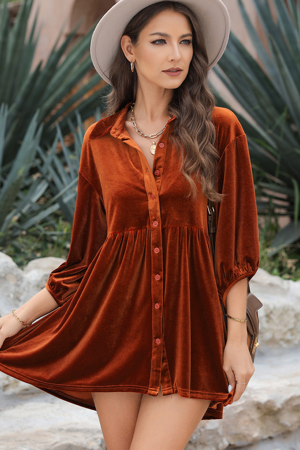 Pitaya Pink 3/4 Sleeve Tunic Babydoll Velvet Shirt