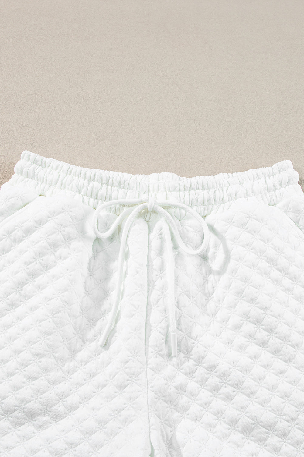 White Textured Notch V Neck Drawstring Shorts Set