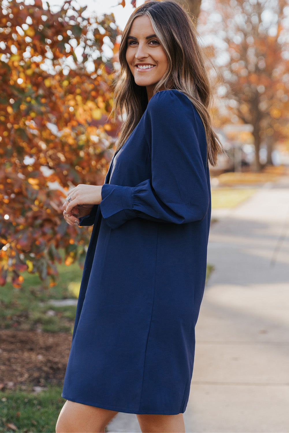 Green Split V Neck Ruffled Sleeves Shirt Dress