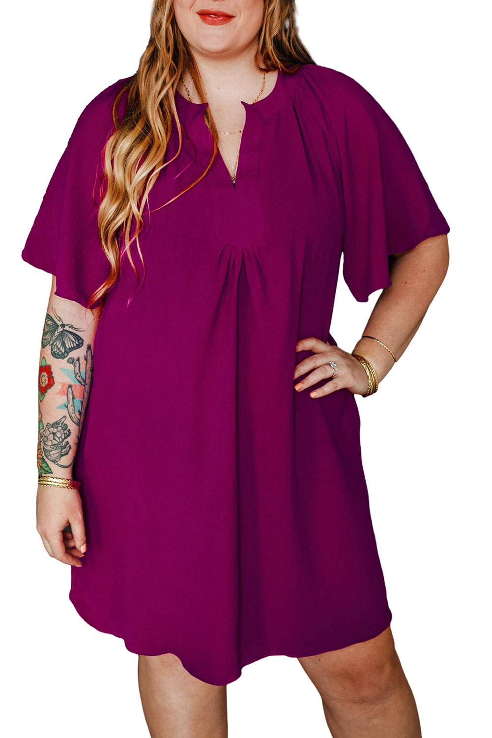 Rose Red Notched Neck Wide Sleeve Pleated Plus Size Dress