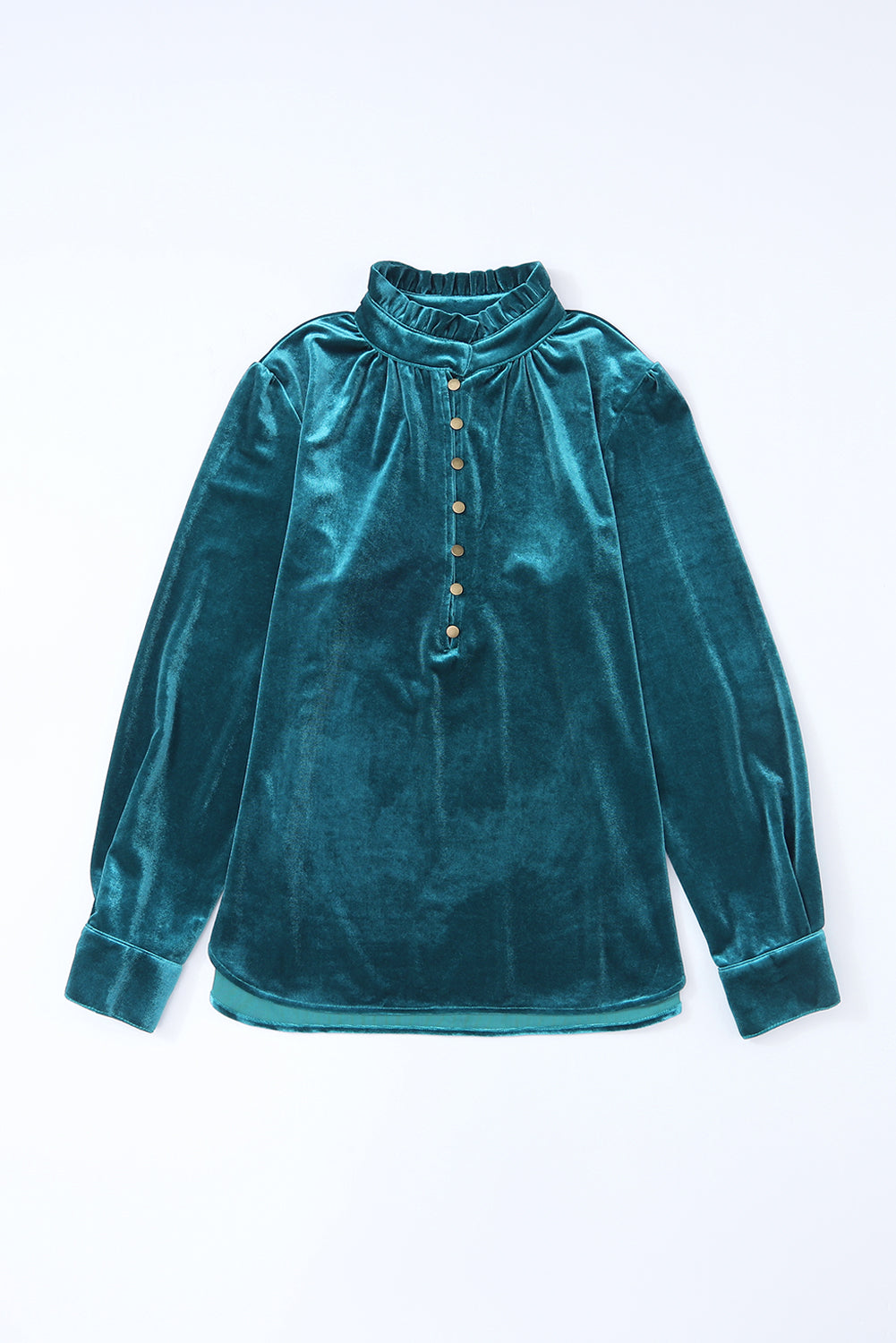 Blackish Green Frilled Neck Buttoned Front Velvet Top